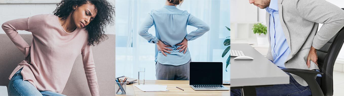 SI Joint Pain effecting a woman at home, a woman at work, and a man at work